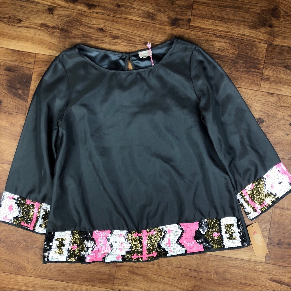 Cremieux Gray Pink Gold White Sequin Blouse